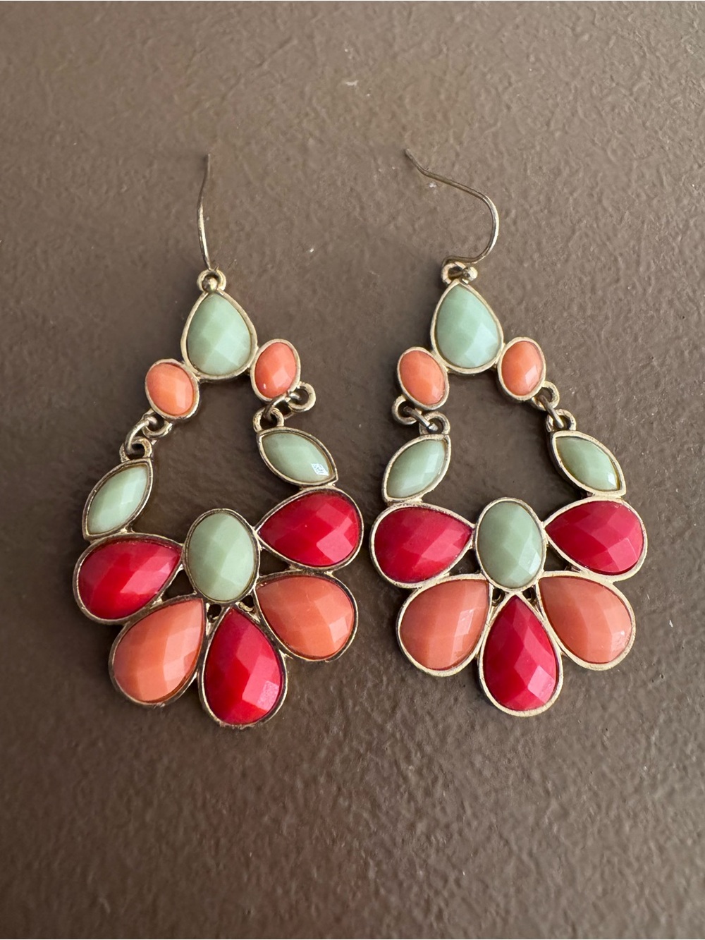 Colorblock Teardrop Floral Statement Earrings - Red, Coral & Mint